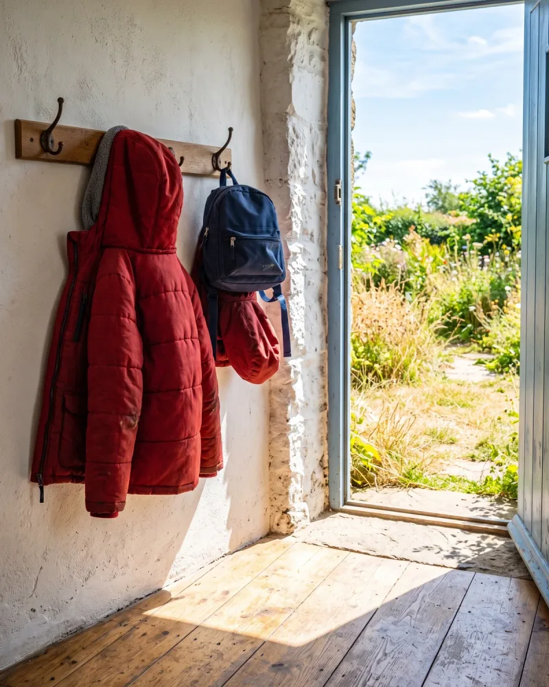 A child's red winter coat and a navy backpack hanging on hooks beside a bright open doorway.